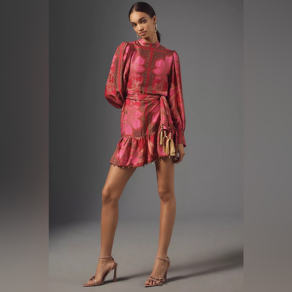 NWOT Farm Rio Pink Floral Glam Scarf Lenzing™ Ecovero™ Mini Dress L